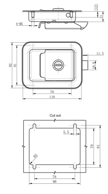 MB866-27A zinc alloy paddle lock dimension drawing and panel cutout template, IP54 recessed panel lock with 90-degree rotation opening