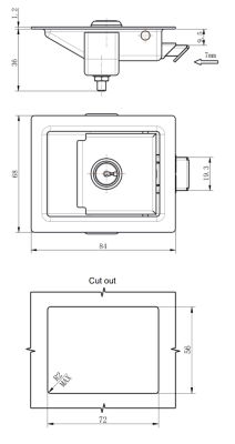 MB866-4 paddle lock dimension drawing and panel cutout size diagram