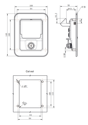 MB866-5 paddle lock dimension drawing and panel cutout template, 4 variants MB866-5,5A,5C,5CA