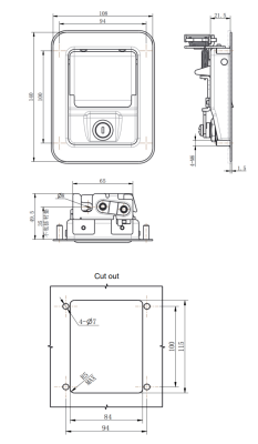 MB866-5E paddle lock dimension drawing and panel cutout template, IP54 recessed panel lock with key K1333