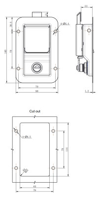 MB866-7 stainless steel paddle lock dimension drawing and panel cutout template, IP54 recessed panel lock with key K1333
