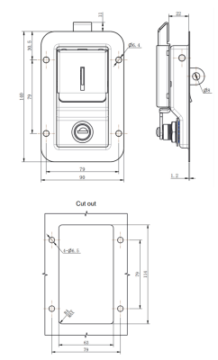 MB866-7G stainless steel paddle lock dimension drawing and panel cutout template, IP54 recessed panel lock with key K1333