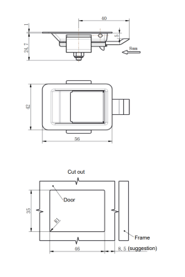 MB866-8 stainless steel paddle lock dimension drawing and panel cutout template, IP54 recessed panel lock with wire drawing & polishing finish