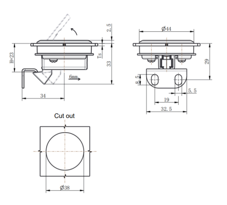 MB902-1 round panel cam lock dimension drawing, IP54 chrome finish cabinet lock with Ø38 cutout for industrial enclosure