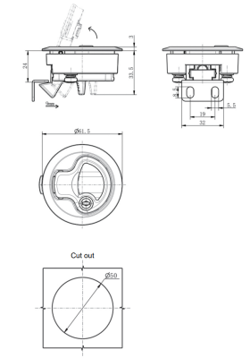 MB902-3 round panel lock dimension drawing, IP54 flush mount cabinet lock Ø50 cutout, stainless steel fastener