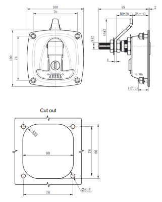 MB905-1 recessed paddle lock dimension drawing, IP54 flush cabinet latch with adjustable BH 28~43mm