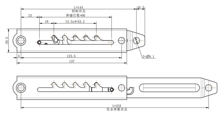TX101-1 friction stay dimension drawing 144-234mm stroke 90mm