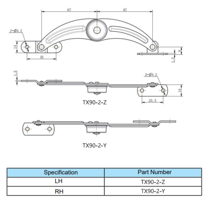 TX90-2-Z & TX90-2-Y friction stay dimension drawing, LH RH part number table