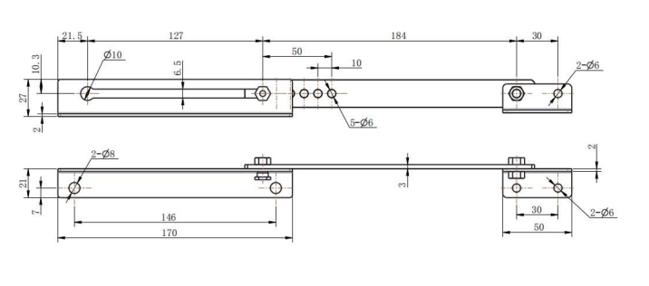 TX92-2 friction stay technical drawing, dimension diagram and mounting hole layout