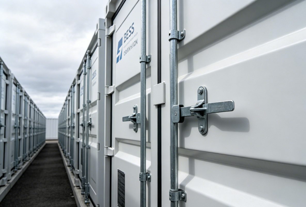 Utility-scale battery energy storage system (BESS) containers requiring heavy-duty multi-point locking and weatherproof gaskets