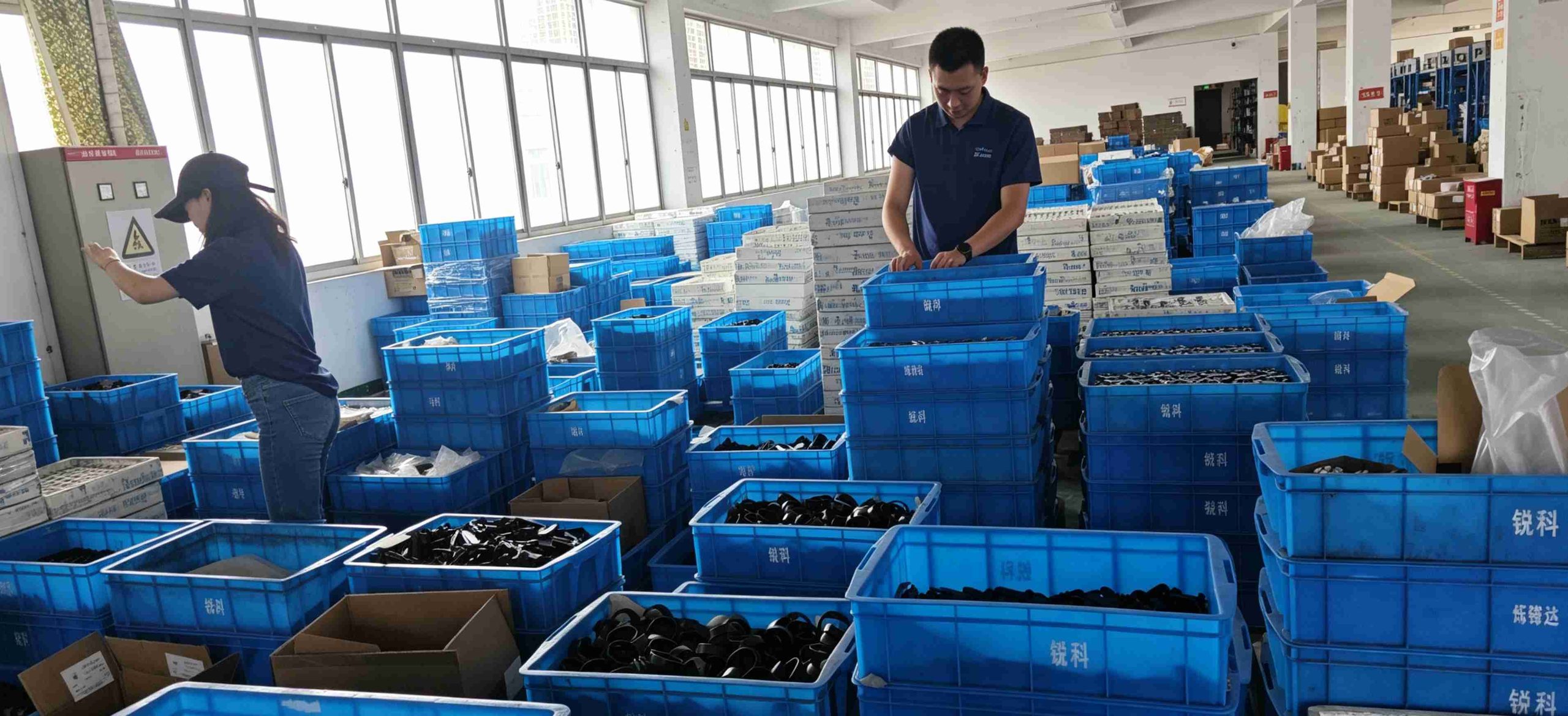 Workers inspect finished industrial cabinet hardware parts in Reaking Shengzhou factory for Southeast‑Asia tropical high‑humidity market