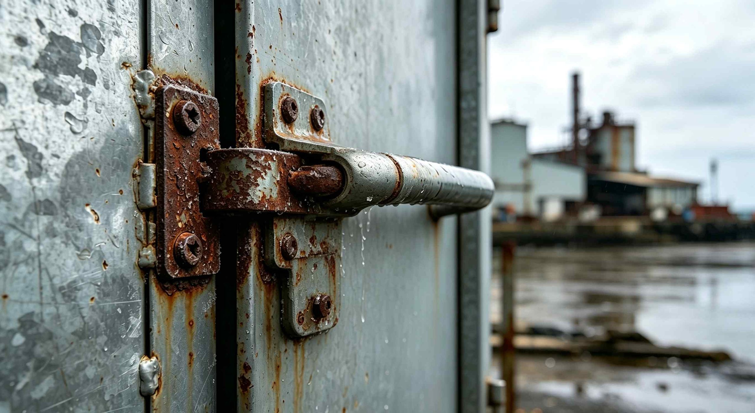 Corroded rusted cabinet lock under coastal salt‑spray condition, common hardware failure risk for Southeast‑Asia outdoor enclosure projects