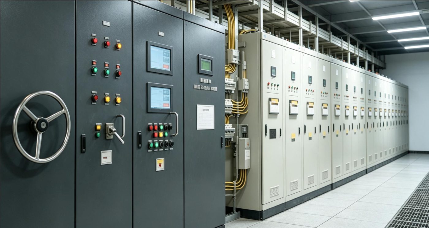Industrial electrical control cabinet in power distribution room, equipped with heavy duty cabinet door lock and control panel handle, Reaking industrial cabinet hardware