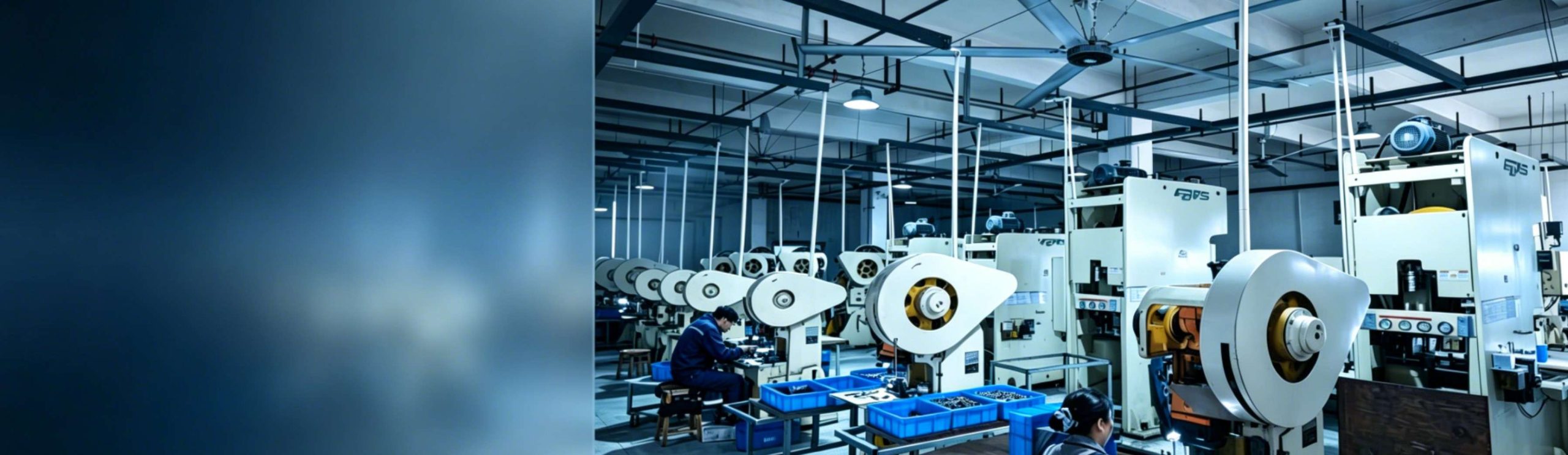 Reaking industrial lock factory stamping production line with workers operating punch press machines for cabinet lock hardware manufacturing
