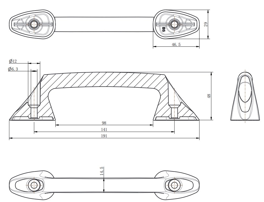 LS100-1 Black Cabinet Handle dimension drawing