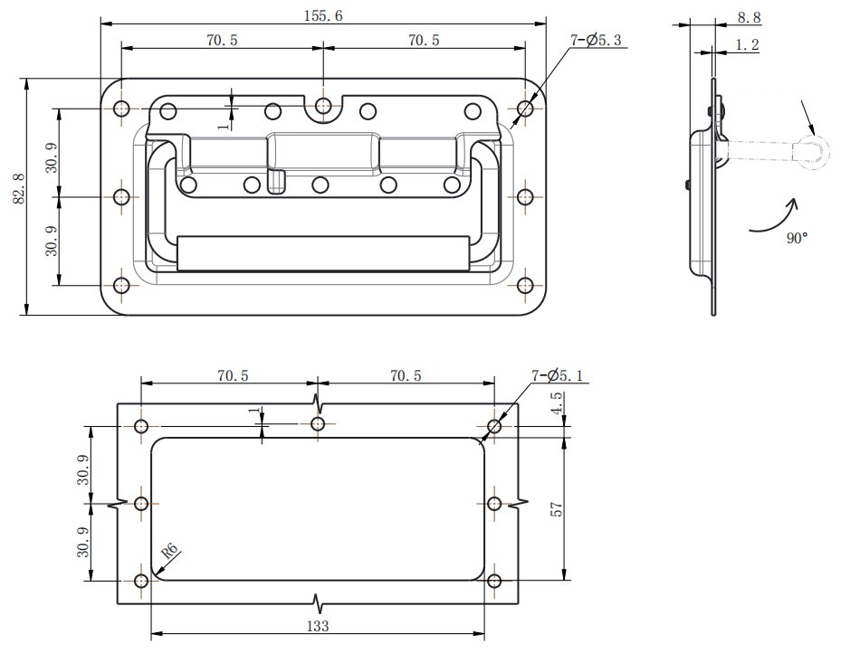 LS504-3 Folding Handle dimension drawing