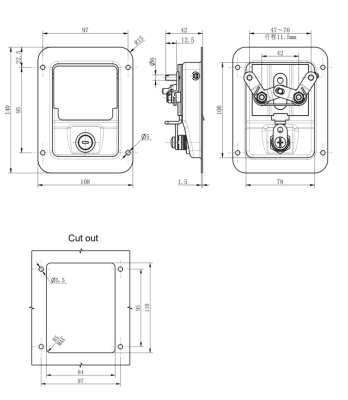 MB866-1 recessed panel lock dimension drawing and cut out template