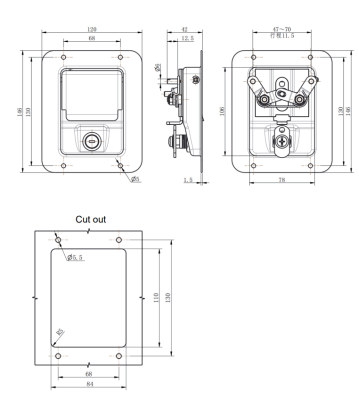MB866-2 recessed panel lock dimension drawing and cut out template