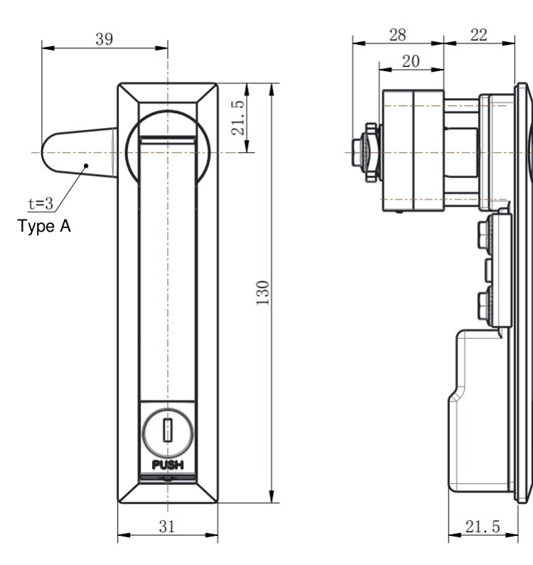 ML731-2 Push Button Rod Control Lock dimension drawing