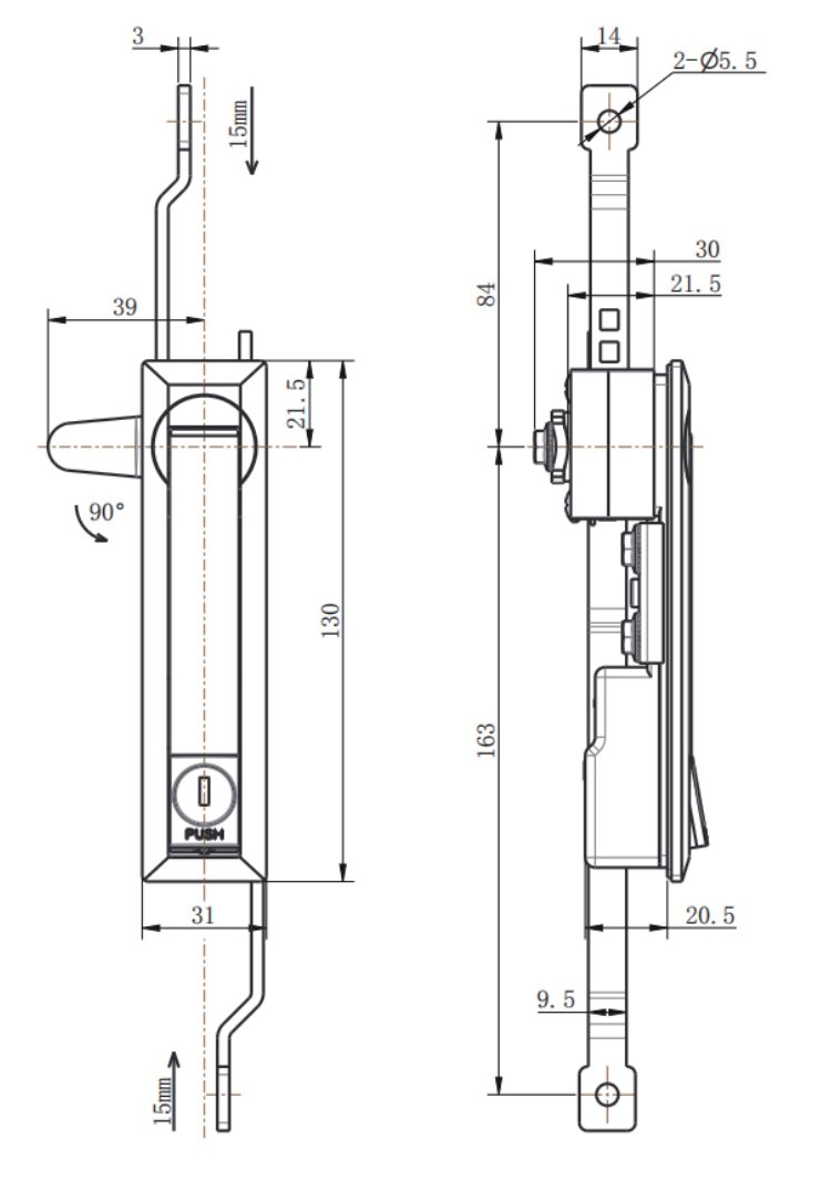 ML731-3 Multi-Point Rod Control Lock dimension drawing
