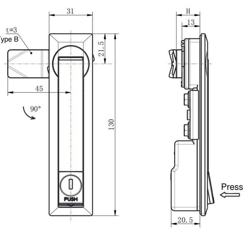 ML731-4 Rod Control Lock with Cover dimension drawing