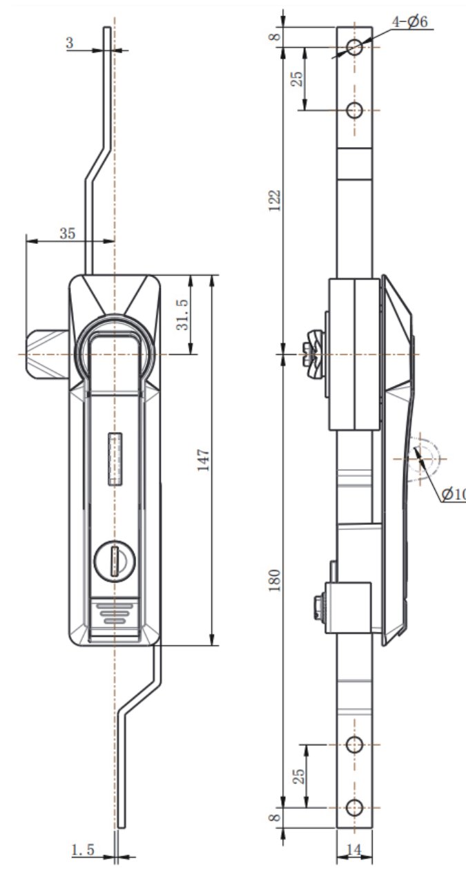 ML828-1G Padlockable Rod Control Lock dimension drawing