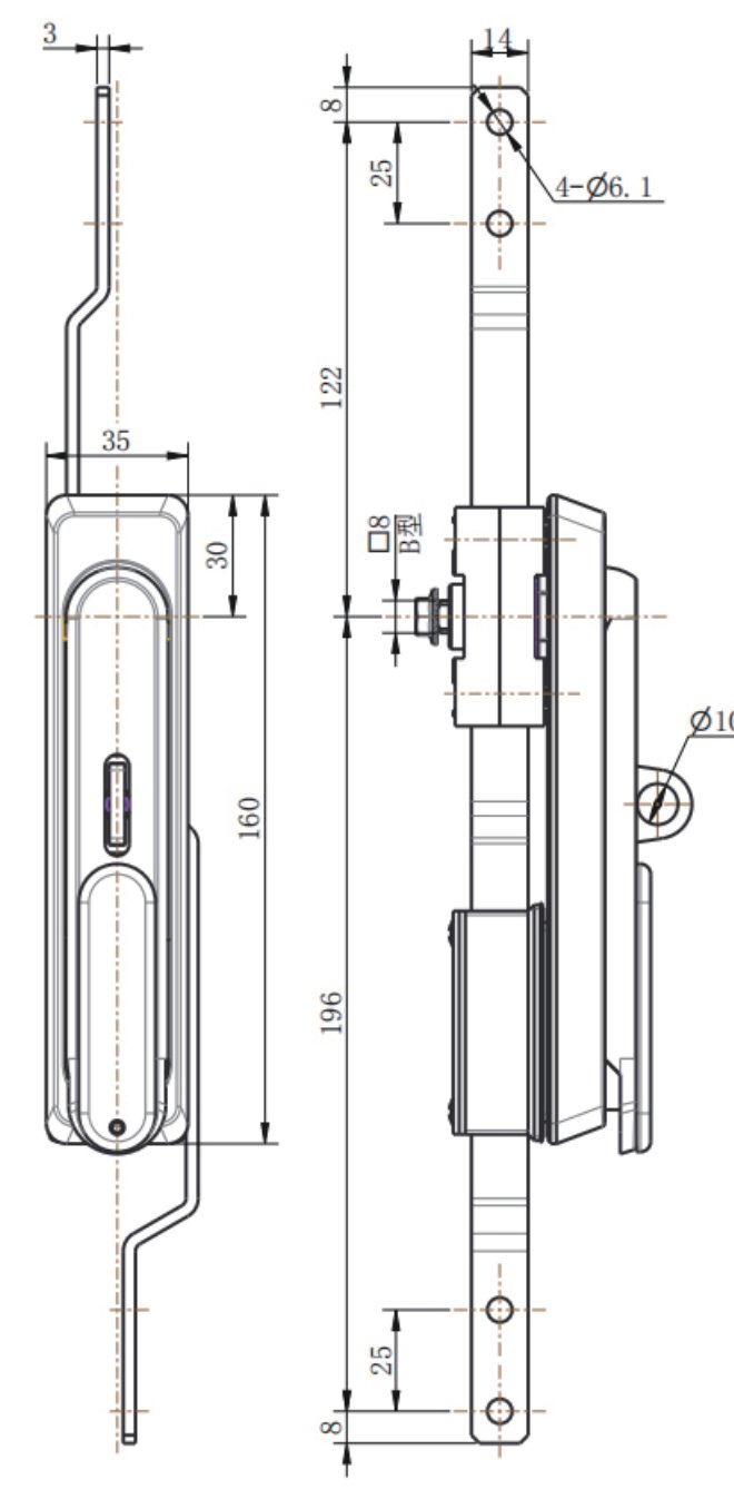ML840-1G Black Rod Control Lock dimension drawing