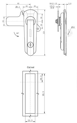 MP401-2 series IP65 swing-handle lock dimension drawing with 23.5x95.5mm cut-out template