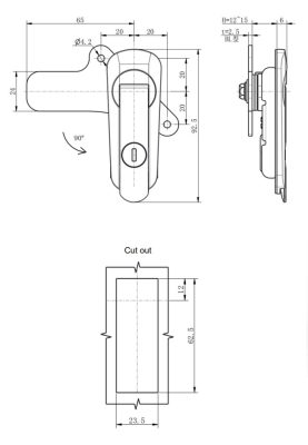 MP401-3 series swing-handle lock dimension drawing with 23.5x62.5mm cut-out template