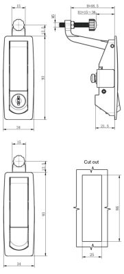 MP606-1 series IP54 swing-handle lock dimension drawing with 25x86mm cut-out template