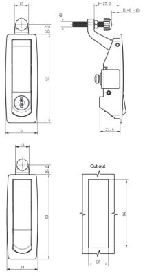 MP606-2 series zinc alloy swing-handle lock dimension drawing with 25x86mm cut-out template