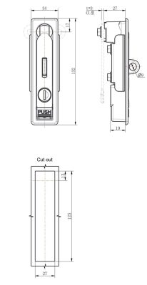MP712-2AS series SUS316 cabinet latch dimension drawing with 27x125mm cut-out template