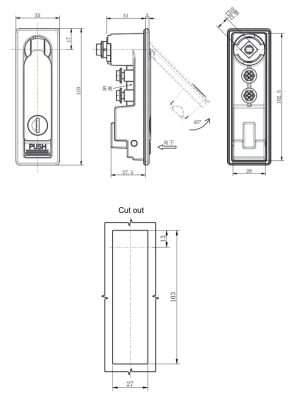 MP713-1 IP54 cabinet swing handle lock dimension drawing with 27x103mm cut-out template