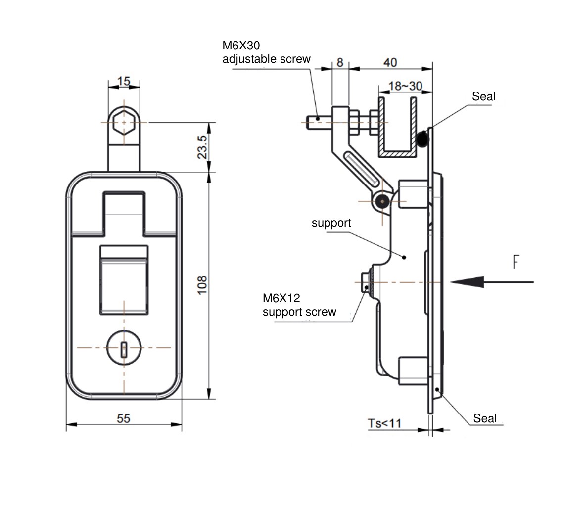 MP718-4C lever compression latch dimension drawing
