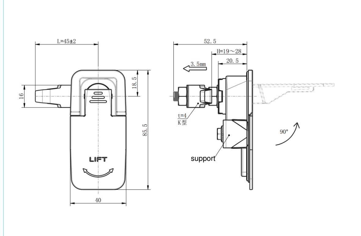 MP726-1 swing handle lock dimension drawing