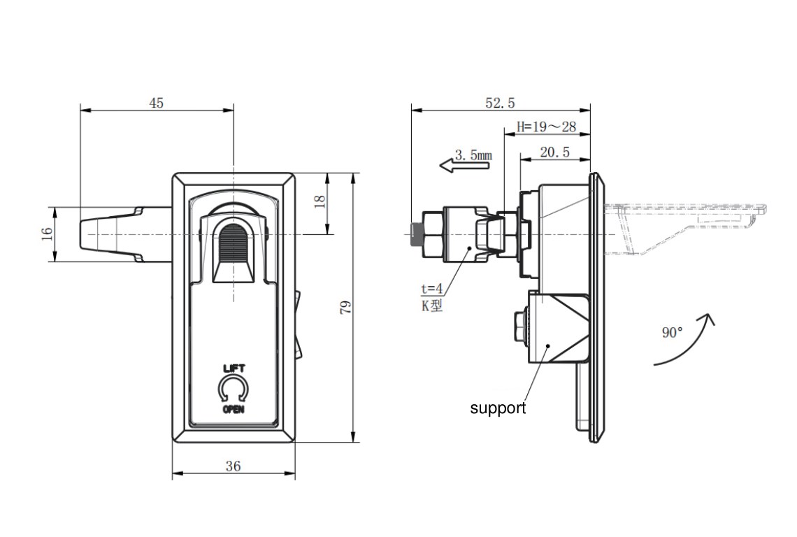 MP726-2 swing handle lock dimension drawing