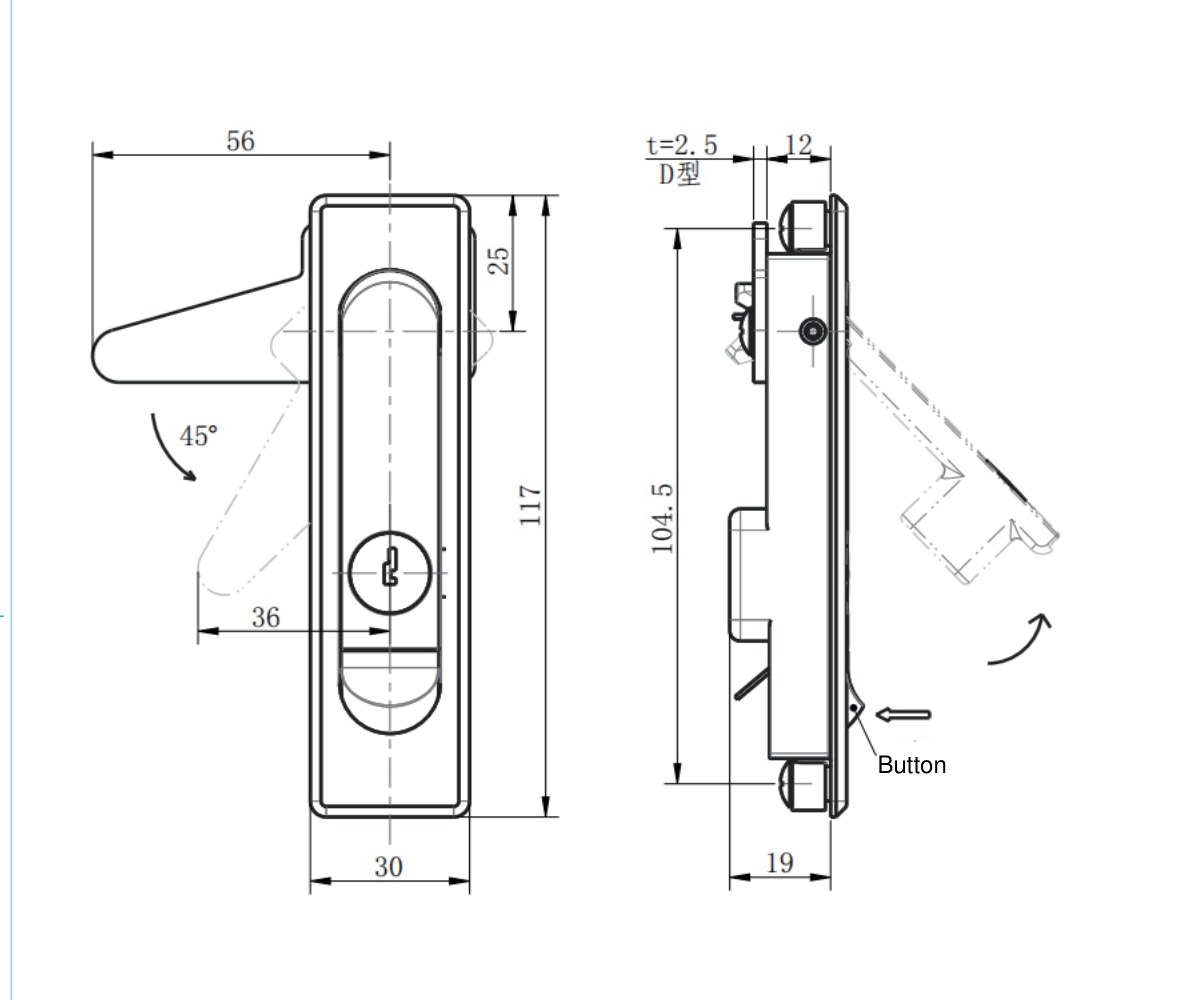 MP730-1 nano coated swing handle lock dimension drawing
