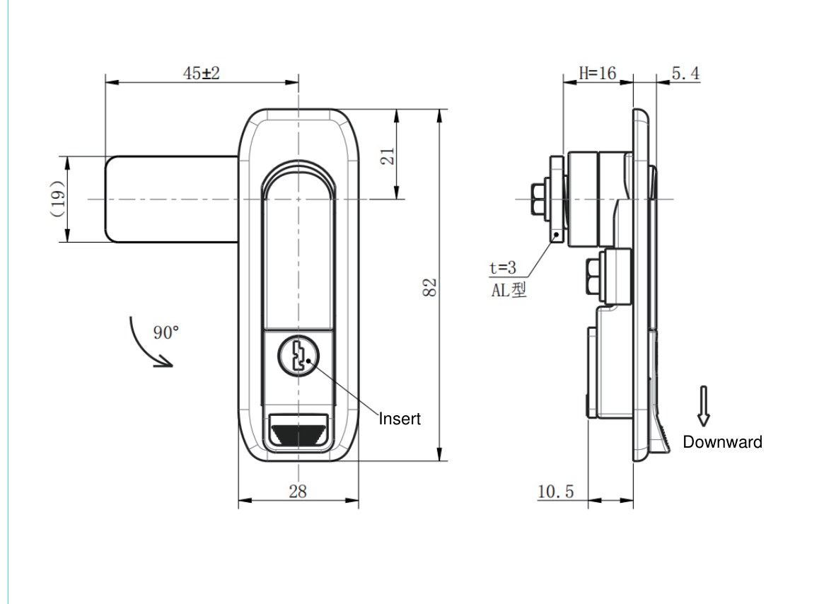 MP738-1 swing handle lock dimension drawing