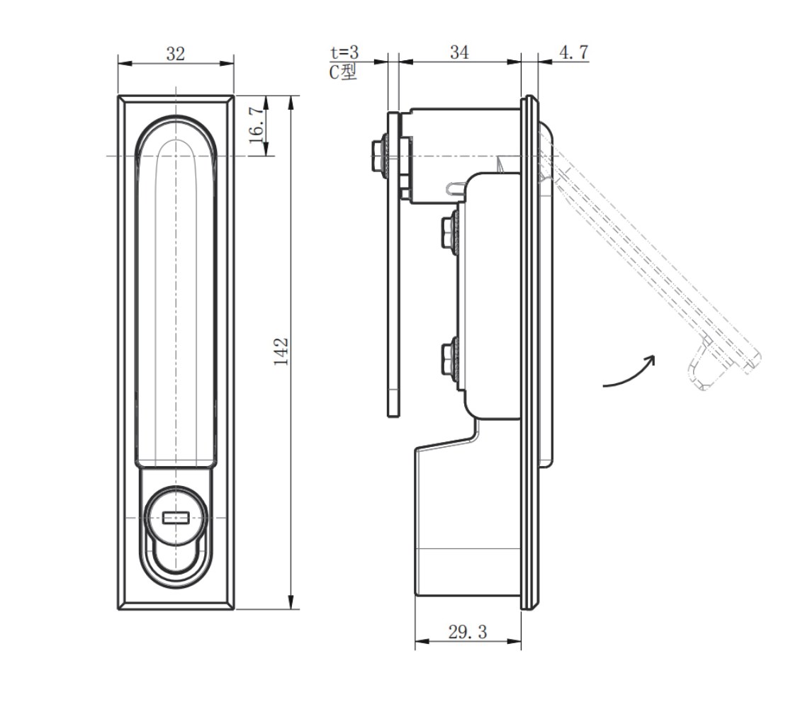 MP818-1S swing handle lock dimension drawing