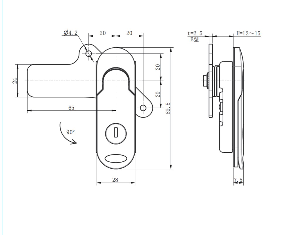 MP843-1 swing handle lock dimension drawing