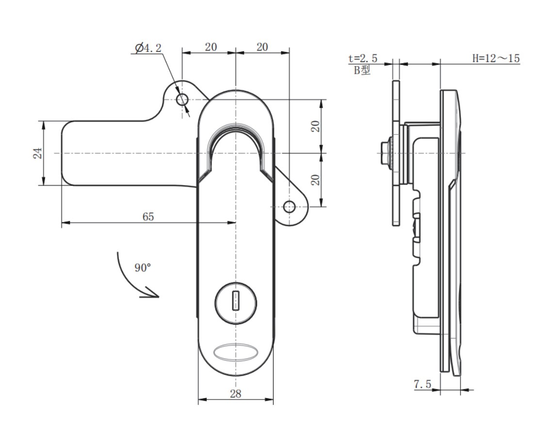 MP843-2 swing handle lock dimension drawing