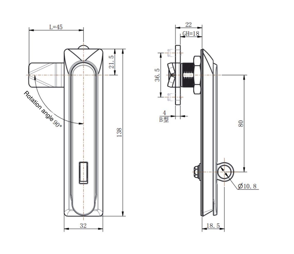 MP860-3G IP65 Stainless Steel Swing Handle Lock dimension drawing