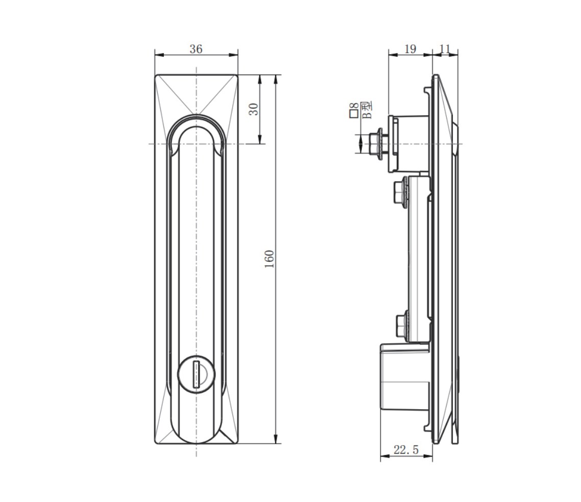 MP861-2 lift up swing handle lock dimension drawing
