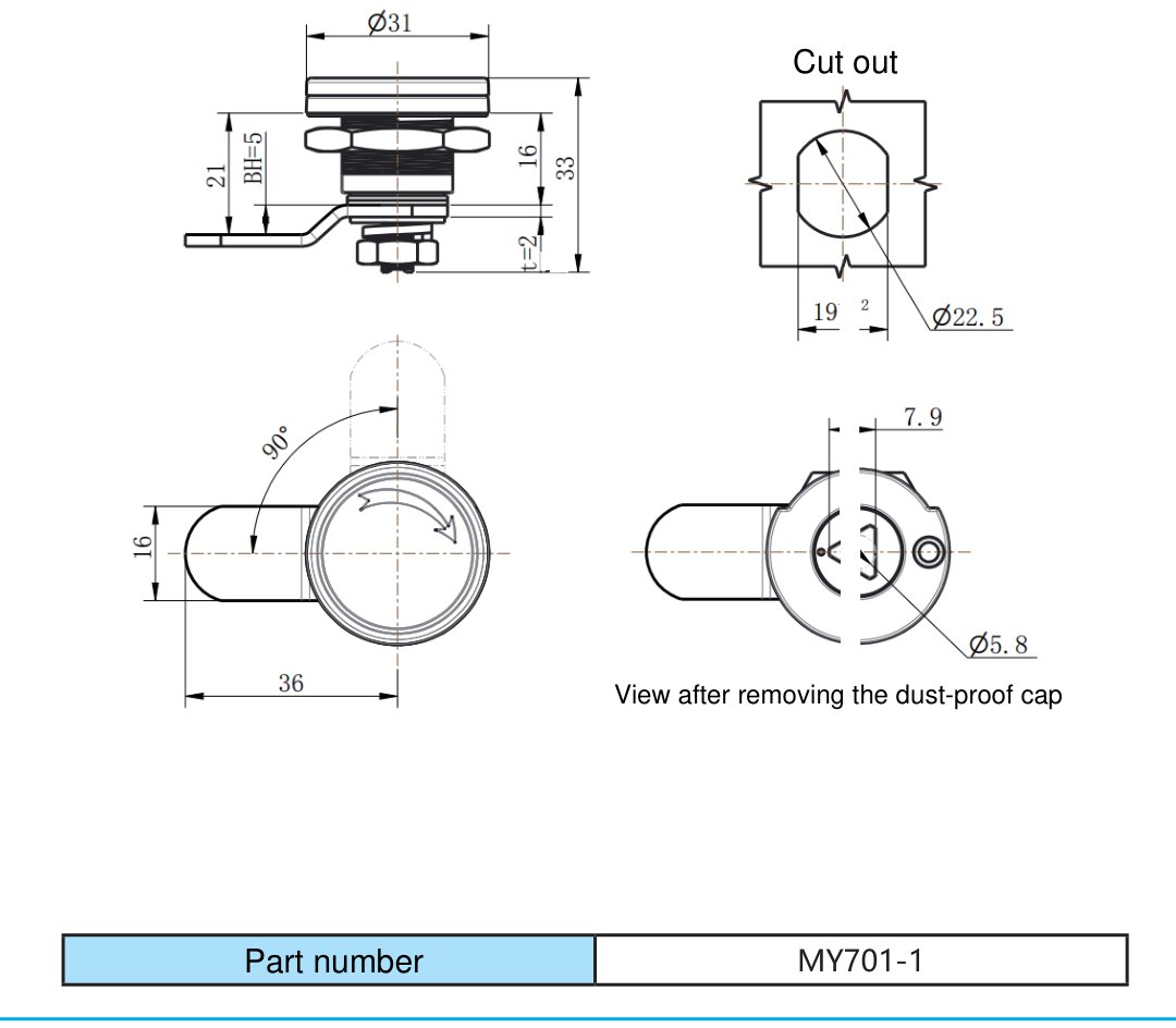 MY701-1 Sand-Sprayed Bright Chrome Cam Lock dimension drawing