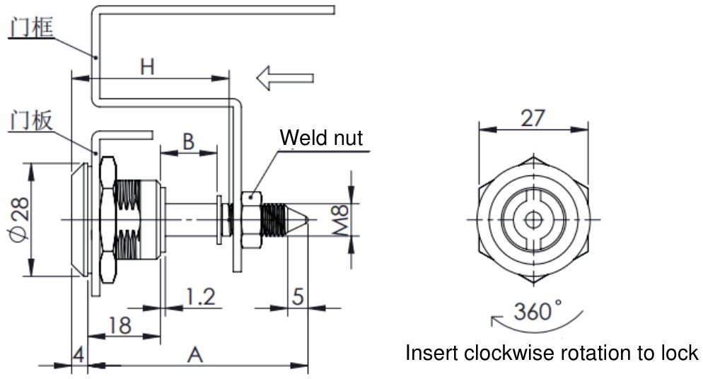 MY704-1 Cam Lock with Weld Nut dimension drawing