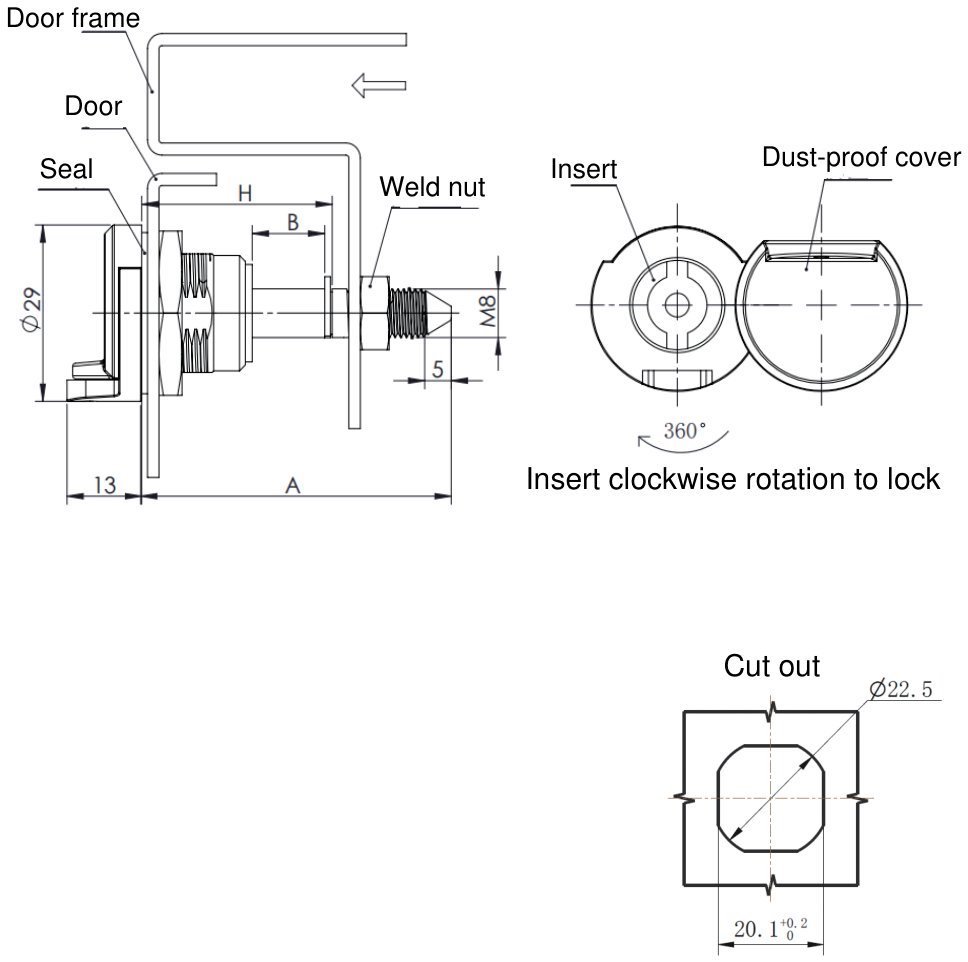 MY704-1A Quarter Turn Cam Lock dimension drawing