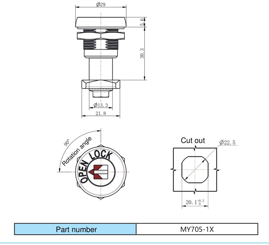 MY705-1X Nickel Plated Cam Lock dimension drawing