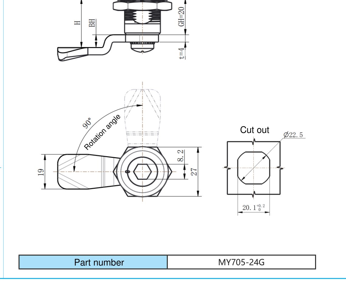 MY705-24G Black Powder Coated Cam Lock dimension drawing