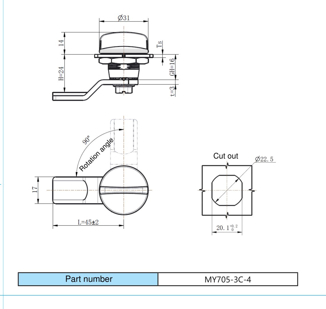 MY705-3C-4 Handle Cam Lock dimension drawing