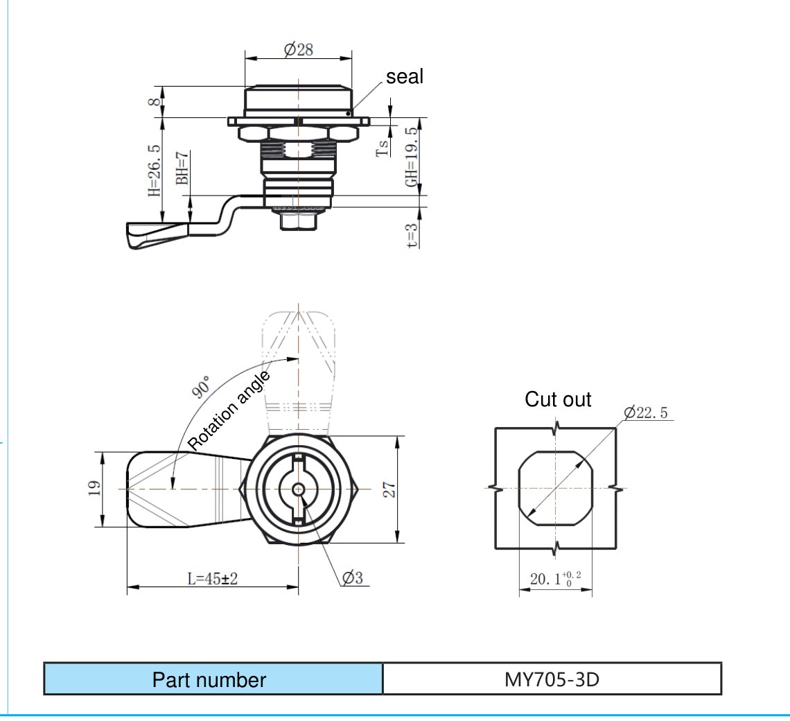 MY705-3D Black Cylinder Lock dimension drawing